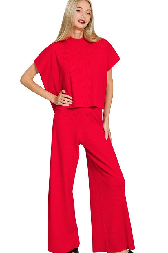 Ribbed Short Sleeve Sweater 2 Piece Set | Red