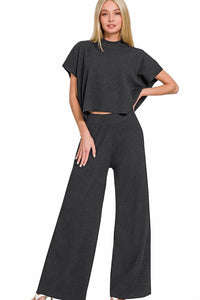 Ribbed Short Sleeve Sweater 2 Piece Set | Black