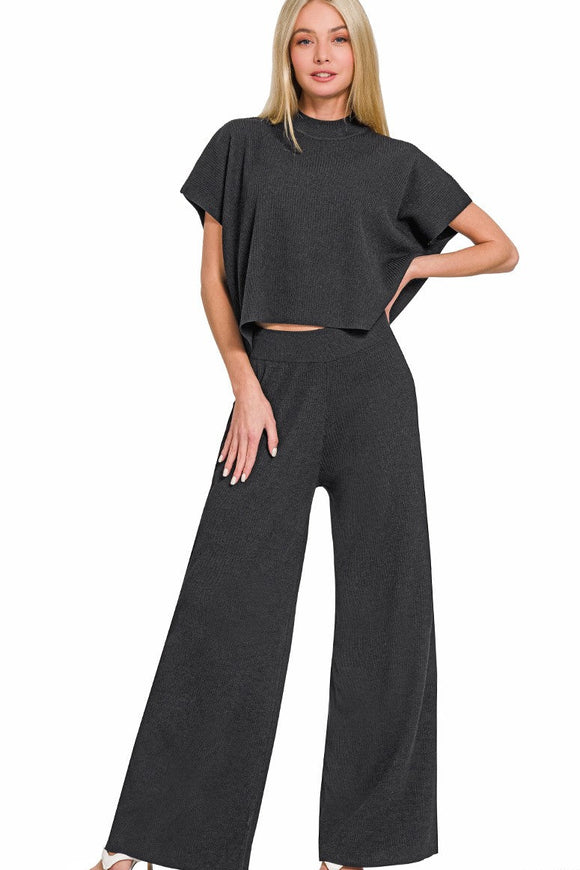 Ribbed Short Sleeve Sweater 2 Piece Set | Black
