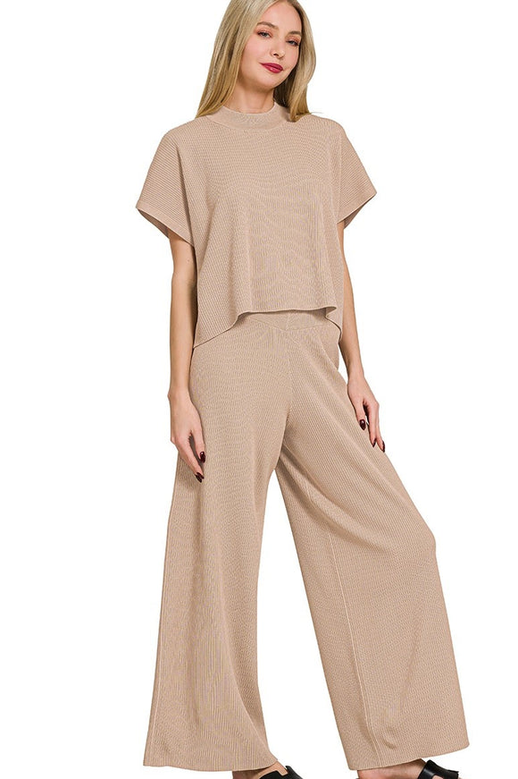 Ribbed Short Sleeve Sweater 2 Piece Set | Light Mocha
