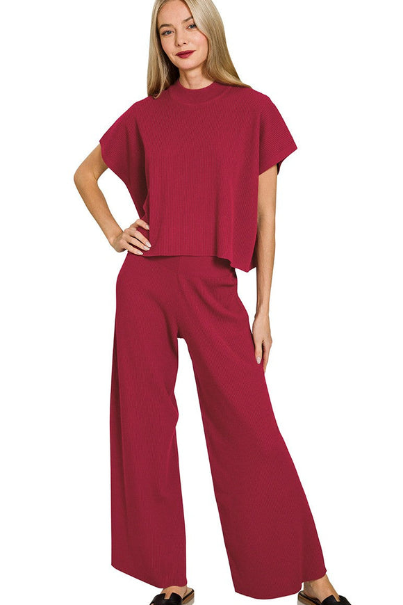 Ribbed Short Sleeve Sweater 2 Piece Set | Cabernet