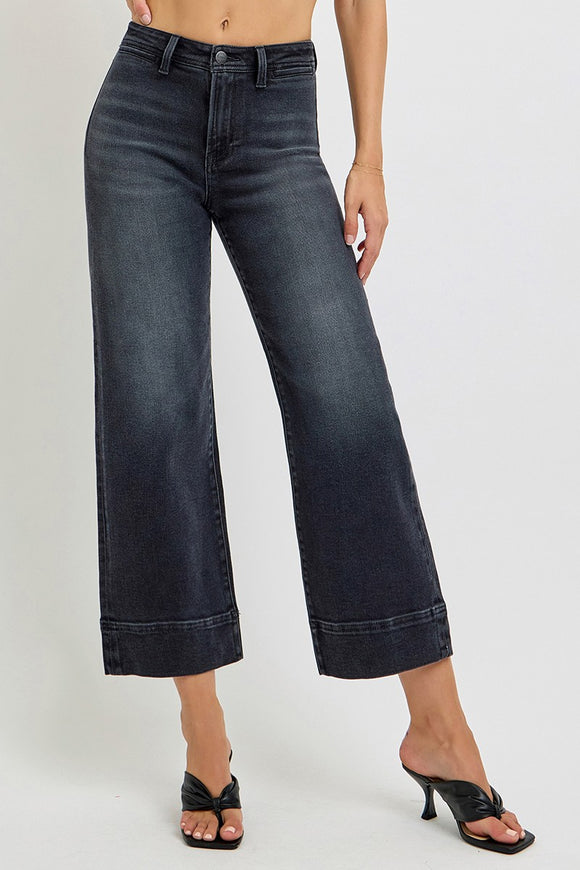 Risen Jeans | High Rise Crop Wide Washed Black