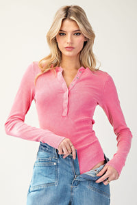 Mineral Washed Henley Bodysuit | Hot Pink