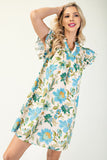 Floral Split Neck Dress | Blue