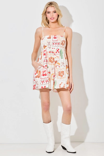 Western Print Romper | Ivory Multi