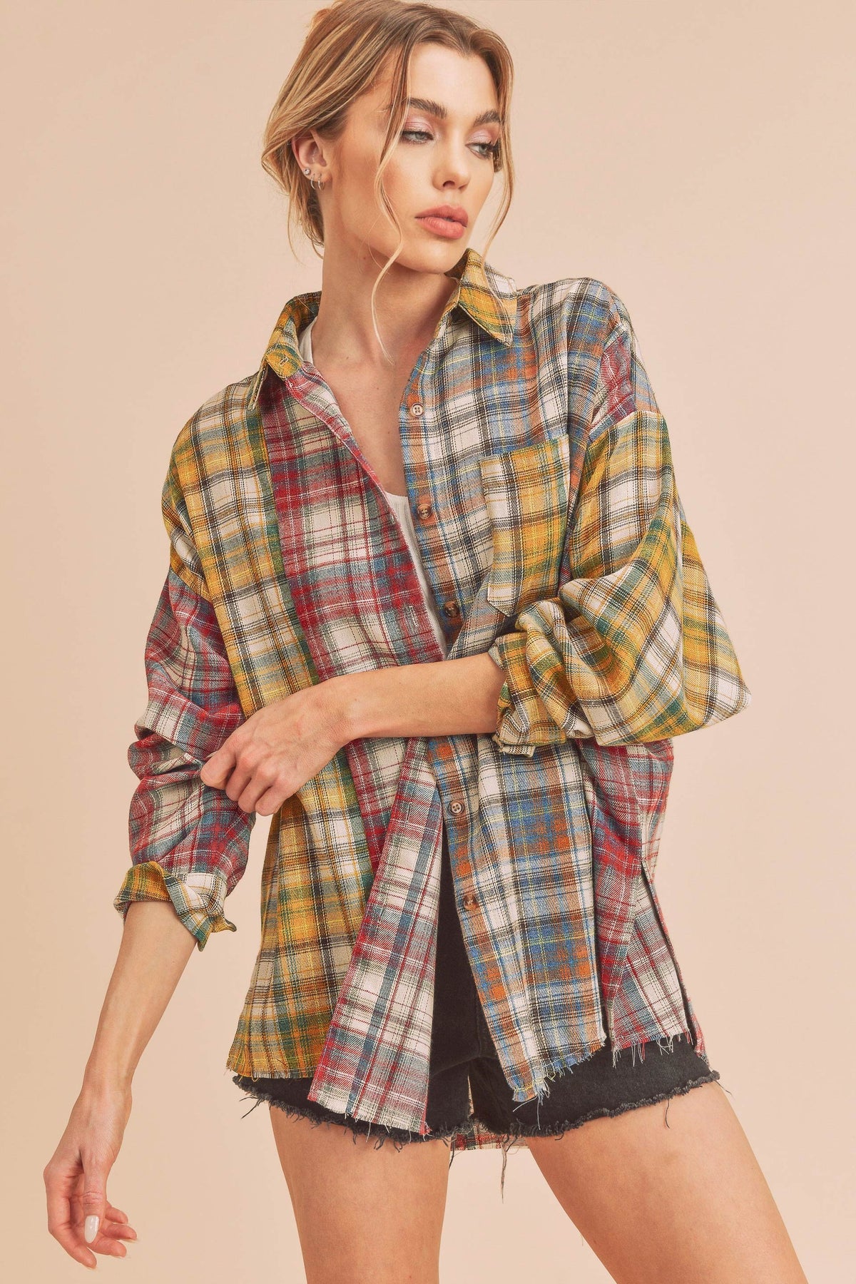 *Doorbuster Deal Splice Raw Hem Flannel | Red Yellow Blue
