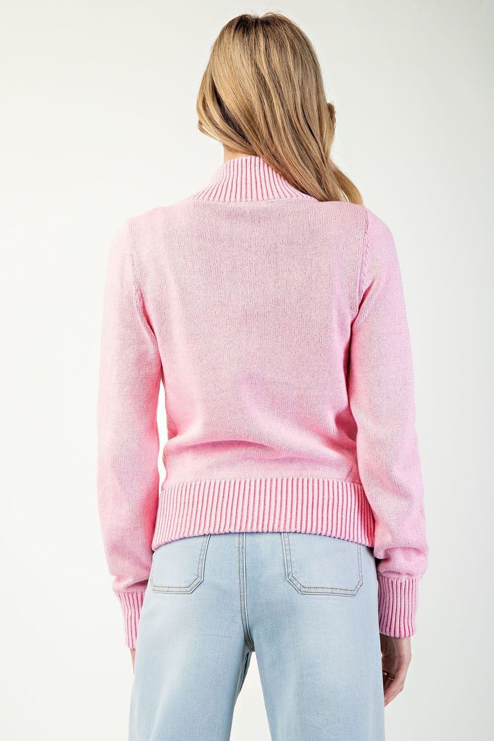 Ribbed Zip Up Fitted Cardigan | Pink