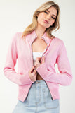 Ribbed Zip Up Fitted Cardigan | Pink
