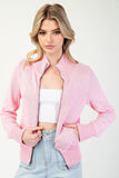 Ribbed Zip Up Fitted Cardigan | Pink