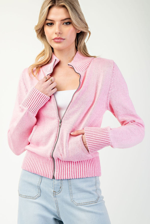 Ribbed Zip Up Fitted Cardigan | Pink