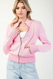 Ribbed Zip Up Fitted Cardigan | Pink