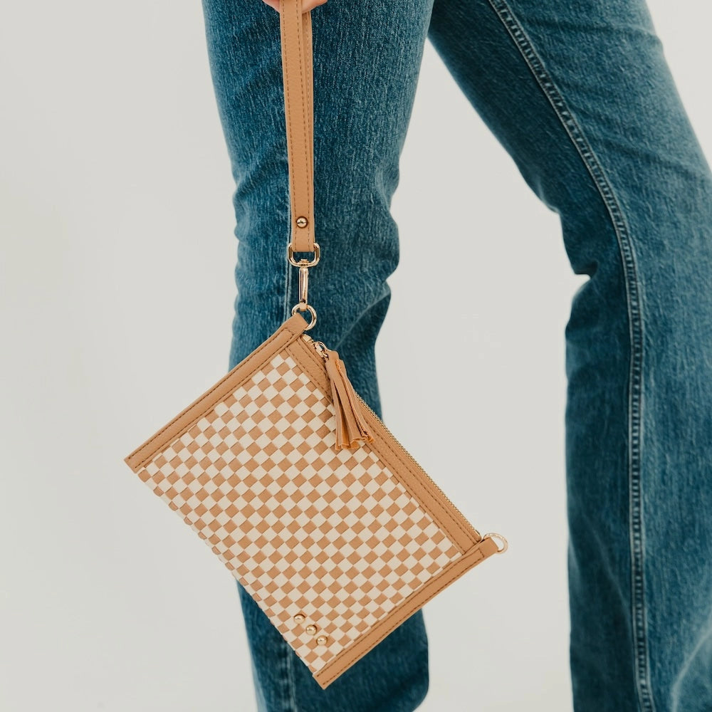Veda Woven Crossbody/Clutch Bag | Checkered Tan