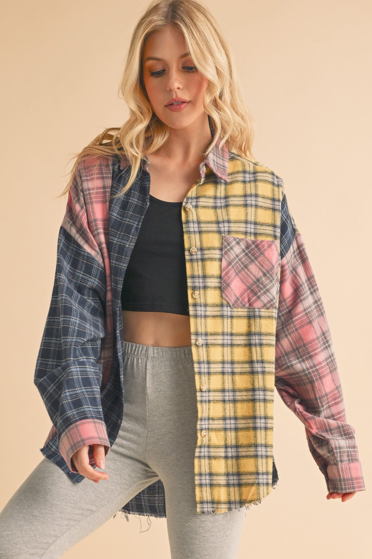 *Doorbuster Deal Splice Raw Hem Flannel | Blue Yellow Pink