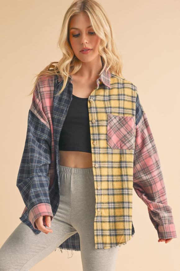 *Doorbuster Deal Splice Raw Hem Flannel | Blue Yellow Pink
