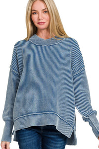 Washed Side Slit Oversized Sweater | Blue