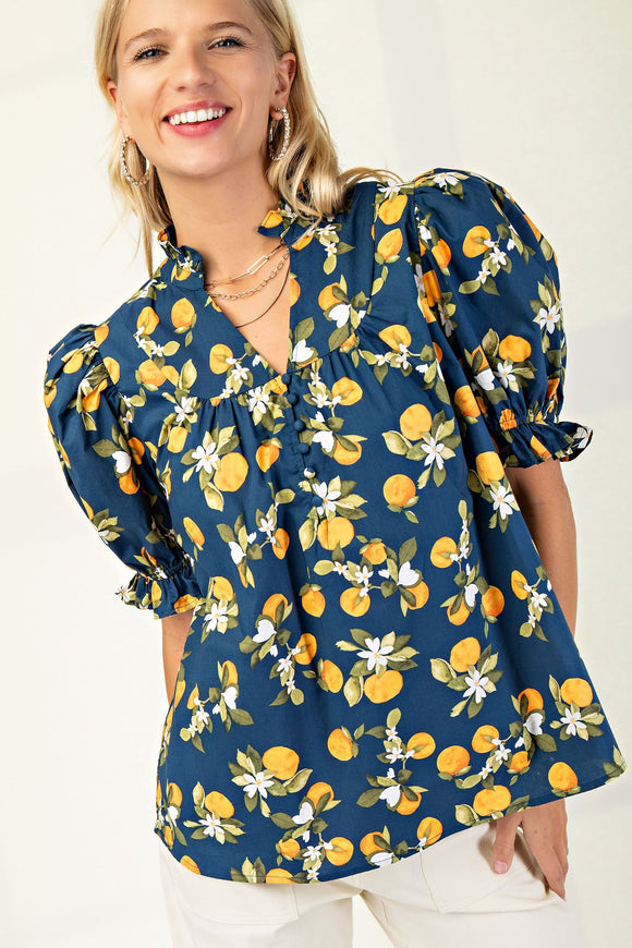 V-Neck Puff Sleeve Fruit Top | Navy