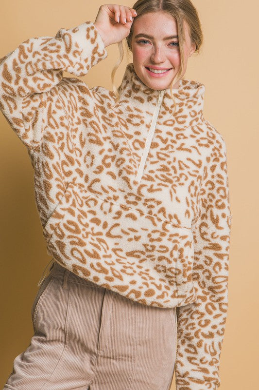 Leopard Half Zip Pullover | Camel