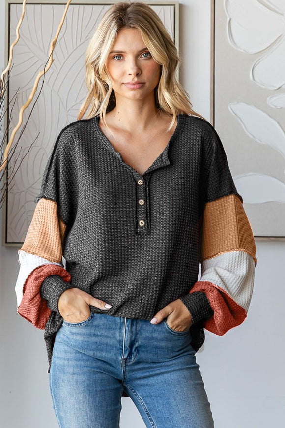 Waffle Knit Color Block Top | Charcoal