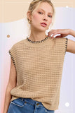 Crochet Knit Stitch Detail Top | Beige