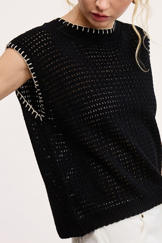 Crochet Knit Stitch Detail Top | Black