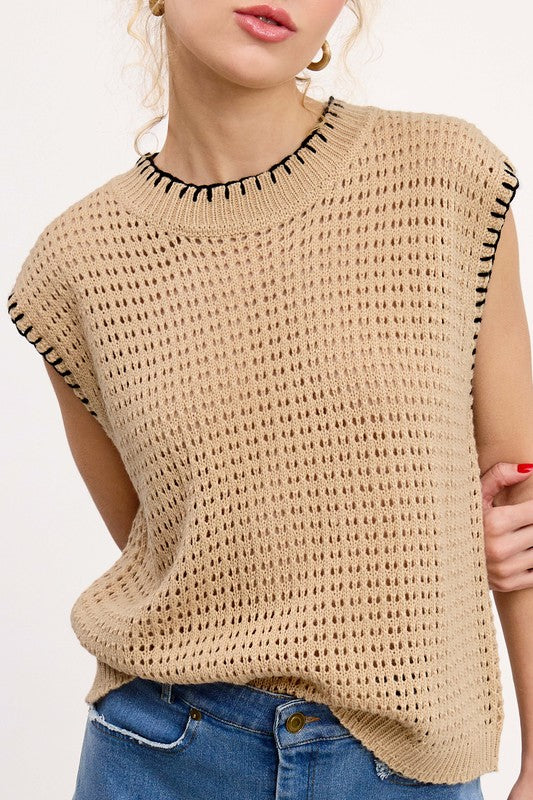 Crochet Knit Stitch Detail Top | Beige