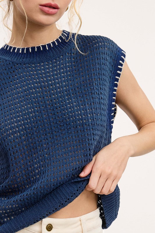 Crochet Knit Stitch Detail Top | Blue