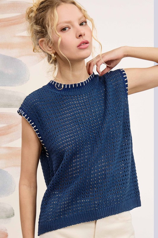 Crochet Knit Stitch Detail Top | Blue