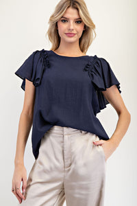 Ruffle Sleeve Pinch Detail Top | Navy