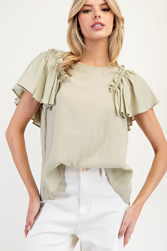 Ruffle Sleeve Pinch Detail Top | Sage