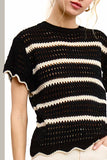 Scalloped Edge Stripe Sweater Top | Black