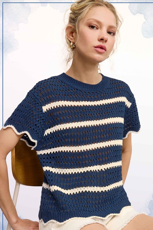 Scalloped Edge Stripe Sweater Top | Blue