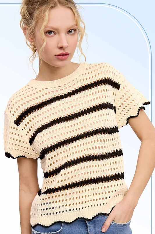 Scalloped Edge Stripe Sweater Top | Cream