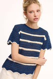 Scalloped Edge Stripe Sweater Top | Blue