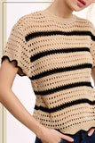 Scalloped Edge Stripe Sweater Top | Beige