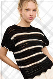 Scalloped Edge Stripe Sweater Top | Black