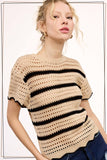 Scalloped Edge Stripe Sweater Top | Beige