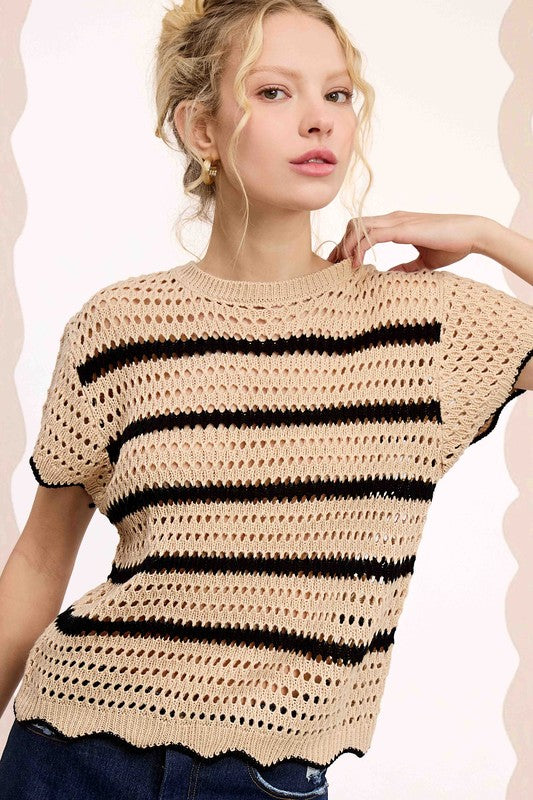 Scalloped Edge Stripe Sweater Top | Beige