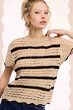 Scalloped Edge Stripe Sweater Top | Beige