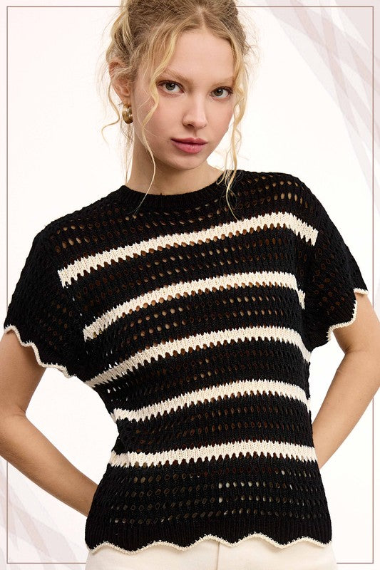 Scalloped Edge Stripe Sweater Top | Black