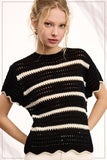 Scalloped Edge Stripe Sweater Top | Black