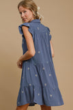 Linen Embroidered Bow Tiered Dress | Blue