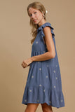 Linen Embroidered Bow Tiered Dress | Blue