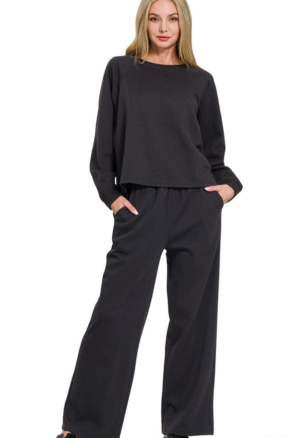 Fleece Raglan Sleeve Sweatpants 2 PC Set | Black