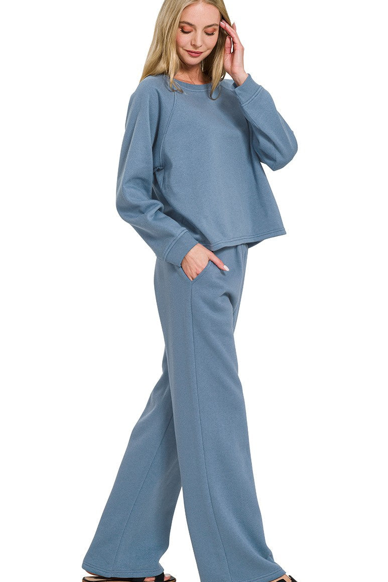 Fleece Raglan Sleeve Sweatpants 2 PC Set | Dusty Blue