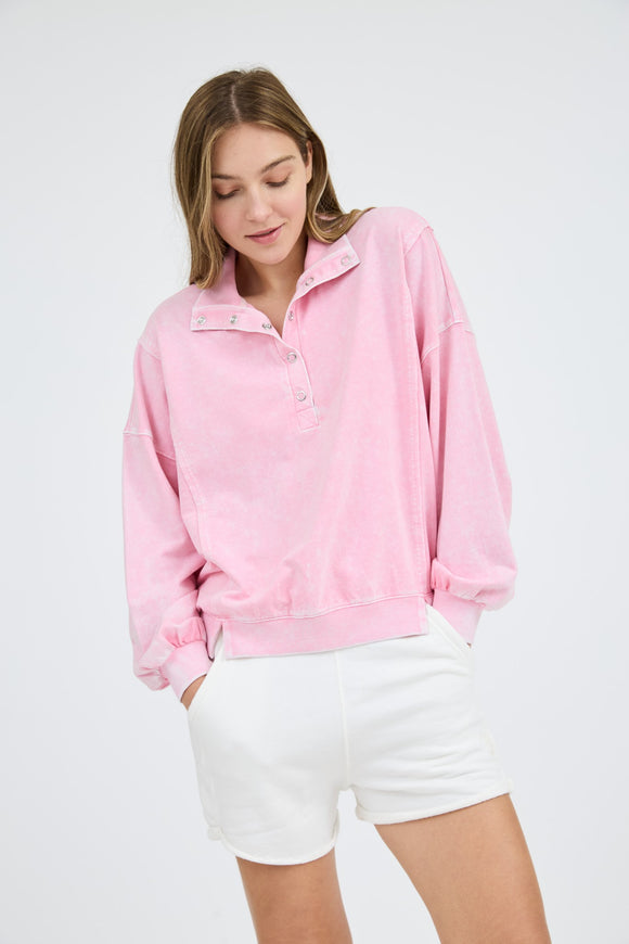 Washed Half Zip Collar Top | Pink