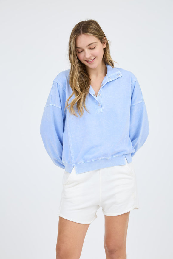 Washed Half Zip Collar Top | Blue