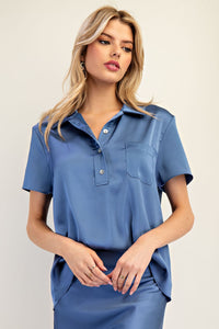 Silky Collared Placket Top | Indigo