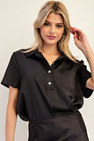 Silky Collared Placket Top | Black