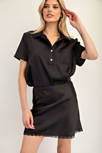 Silky Collared Placket Top | Black