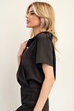 Silky Collared Placket Top | Black